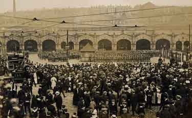 Soldiers assembled outside the Sheffield Midland railway station probably during the First World War