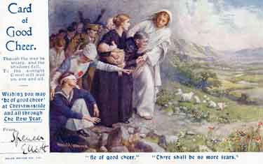 'Be of Good Cheer. There shall be no more Tears' . Card of good cheer by the artist Harold Copping and issued by St. Paul's Church