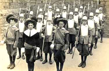 Children dressed as Parliamentary soldiers uniforms for Coronation Day celebrations at Bramall Lane for King George V
