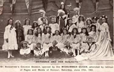 'Britannia and her subjects' at the church bazaar St. Augustine's C. of E. Church, Brocco Bank opened by the Midsummer Queen attended by retinue of pages and maids of honour,