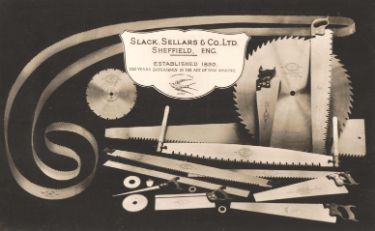 Advertising postcard for Slack, Sellars and Co., Ltd., saw manufacturers. Established 1830. One hundred years in the art of saw making