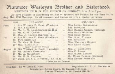 Meetings card for the Ranmoor Wesleyan Brother and Sisterhood (possibly Ranmoor Wesleyan Chapel, Ranmoor Road) 