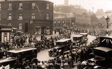 Lord Mayors procession, Sheffield Week showing (back right) Joseph Thompson (Sheffield) Ltd., mechanical engineers and saw manufacturers, Townhead Street