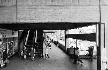 Walkway above Pond Street with escalators, c.1970s