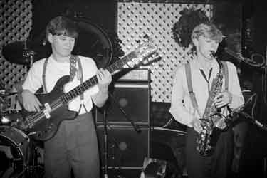 David Robinson (left), and Stephen Singleton, members of Pop group ABC on stage at Sheffield nightclub, Penny's, [Eyre Street]