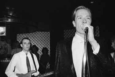 Martin Fry, lead singer of pop group ABC on stage at Sheffield nightclub, Penny's, [Eyre Street]