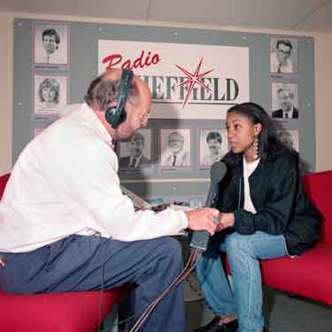 BBC Radio Sheffield during the World Student Games showing (left) Rony Robinson