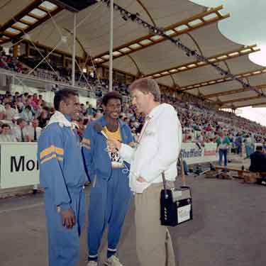 BBC Radio Sheffield interviewing an athlete at the Don Valley Stadium during the World Student Games 