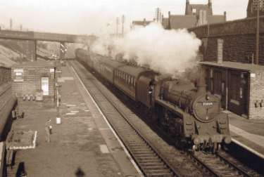 Passenger steam train at Brightside Station showing (top right) Brightside School and (top left) Jenkin Road bridge