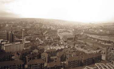 View from Hyde Park Flats showing (foreground) Old Street Flats, (right) Broad Street and the Canal Basin
