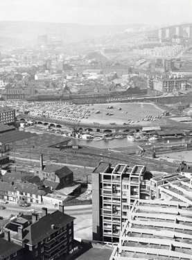View from Hyde Park Flats showing (foreground) Broad Street, (centre) Canal Basin, later Victoria Quays and (centre right) the Royal Victoria Hotel