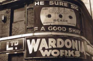 Sign for Wardonia Works, Thomas Ward and Sons, manufacturers of 'Wardonia' safety razors and blades, junction of Countess Road and Clough Road