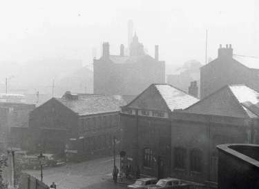 Pond Street looking towards Sheffield Cold Stores, meat wholesalers (foreground) showing (left) Shude Lane, left,