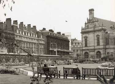 Peace Gardens showing (right) Town Hall and (left) Pinstone Street