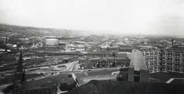 View over Nunnery from Hyde Park Flats showing (foreground) the junction of Cricket Inn Road and Bernard Road and (centre left) the gas holders on Effingham Street