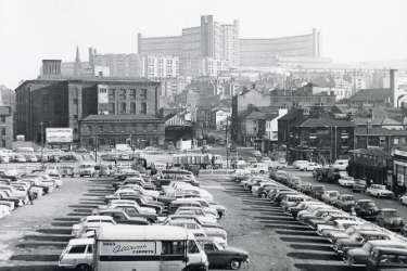 Broad Street car park looking towards (left) Wharf Street Goods Depot, (back) Hyde Park Flats and (right centre) the Newmarket Hotel