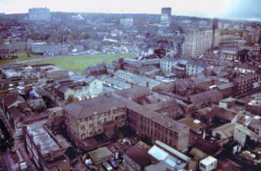 View from Telephone House looking towards (back) the Royal Hallamshire Hospital and the University of Sheffield Arts Tower, (top right) Royal Hospital and (centre left) Devonshire Green