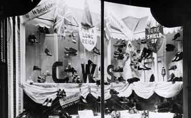 Window display of Wheatsheaf footwear (Co-op own brand) in Brightside and Carbrook Co-operative Society store celebrating the Coronation of Queen Elizabeth II