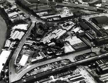 Aerial view looking SE with Princess Street in the foreground. Windsor Street is to the left and in the foreground under the railway bridge