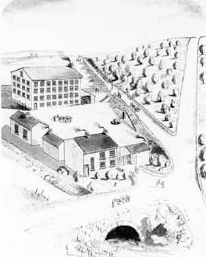 Drawing of original building of Samuel Fox and Co. Ltd., Stocksbridge Works