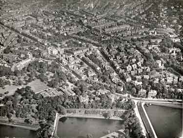 Aerial view of Netherthorpe and Broomhill showing (centre left) University of Sheffield, Western Bank and Weston Park and (bottom) Crookes Valley Park
