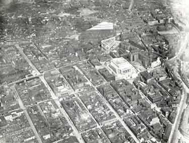 Aerial view of City Centre showing (centre right) City Hall and (right) Pinstone Street