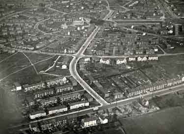 Aerial view of the Manor Housing Estate showing (bottom) City Road and (top centre) St. Swithun C. of E. Church, No. 2 Cary Road
