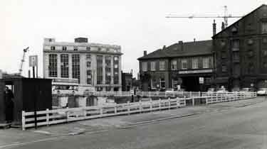 View from Wharf Street of (left) Hambleden House, Exchange Street and (centre) the entrance to the Canal Wharf and warehouses, Canal Basin