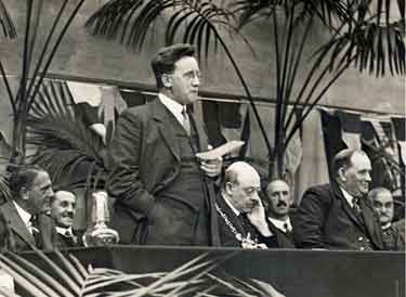 Possibly Herbert Morrison delivering a speech at unidentified location