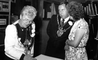 Lord Mayor, Councillor Frank Prince and Lady Mayoress, Mrs Sonia Prince at an event to mark Sheffield in Bloom, Central Library showing (right) librarian, Maryla Smith