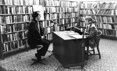 Radio Sheffield presenter Michael Cooke (right) interviews Councillor David Brown, Music Library, Central Library