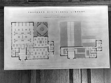 Architects drawing of a 'Proposed Divisional Library' at the Town Planning Exhibition, 19th July - 31th August, 1945, No. 3 Gallery, Graves Art Gallery, Surrey Street