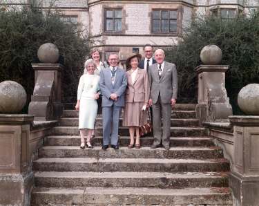 Thornbridge Hall, near Great Longstone. Group showing (front l. to r.) Lady Mayoress, Mrs Jean Munn; Lord Mayor, Councillor Roy Munn; Mistress Cutler, Kathleen Carr and Master Cutler, Denys Carr c. 1984
