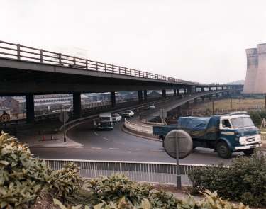 Tinsley Viaduct and the M1 motorway showing (right) the Tinsley Cooling Towers and (left) Osborn Hadfields, (formerly Hadfields Co. Ltd., East Hecla Works), steel founders