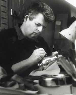 Peter De Vine, hand engraver at Hugh Crawshaw and Co., silversmiths, Matilda Street