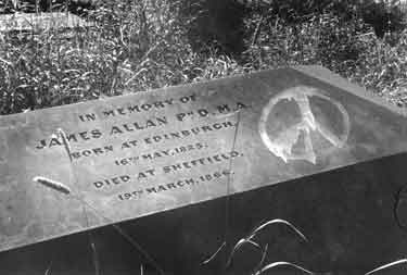 Gravestone of James Allan (1825 - 1866) graveyard with CND Graffiti symbol
