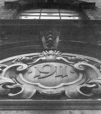 Decorative stonework on Special Quality Alloys Ltd., former offices of Jonas and Colver Ltd. (built 1911) No. 27 Birch Road