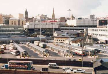 View of Pond Street Bus Station, Sheffield [Transport] Interchange showing (right) Royal Mail Sorting Office, Pond Hil