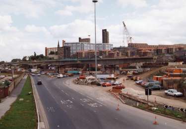 Construction of Supertram bridge on (centre) Park Square and (left) Parkway showing (back centre) Hyde Park and Bard Street Flats