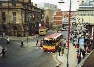 Junction of (foreground) Haymarket, (left) Castle Street and (centre) Waingate showing (top left) old Town Hall and (back centre) new Magistrates Courts