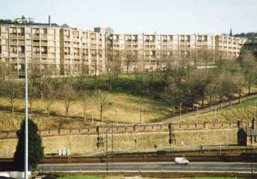 Sheaf Street (foreground) showing (centre) Sheffield Midland railway station platforms and (top) Park Hill Flats