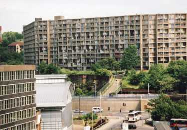 View from Pond Hill of (top) Park Hill Flats showing Sheaf Street (foreground) and (left) Heriot House and Ponds Forge Sports Centre