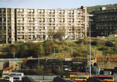 Park Hill Flats (top) showing (bottom) railway arches on Sheaf Street