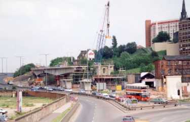Construction of Parkway / Park Square Supertram Bridge showing (right) Park Square