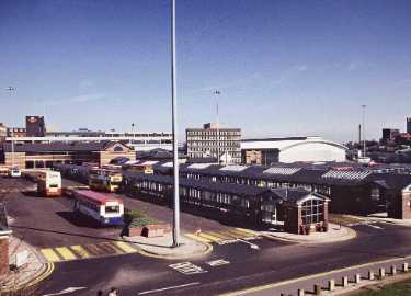 View from Harmer Lane of Pond Street Bus Station showing (top left) Sheffield Transport Interchange and Archway Centre and (centre) Heriot House, offices and Ponds Forge Sports Centre