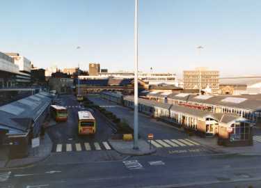View from Harmer Lane of Pond Street Bus Station showing (centre) Sheffield Transport Interchange, Archway Centre and Royal Mail sorting office, (centre) Heriot House, offices and Ponds Forge Sports Centre