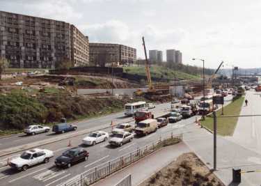 Supertram construction on Sheaf Street showing (top left) Park Hill Flats and (top centre) Norfolk Park Flats