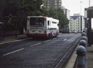 First bus on Upper Hanover Street looking towards (top) Netherthorpe Flats