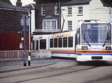 Stagecoach Supertram No. 111 approaching Upper Hanover Street from Glossop Road
