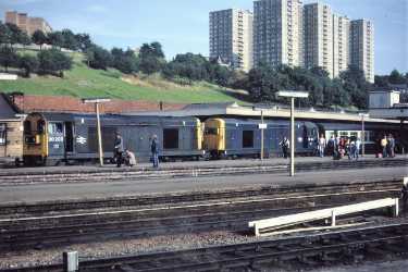 Diesel locomotives at Sheffield Midland railway station showing (top right) Claywood Flats